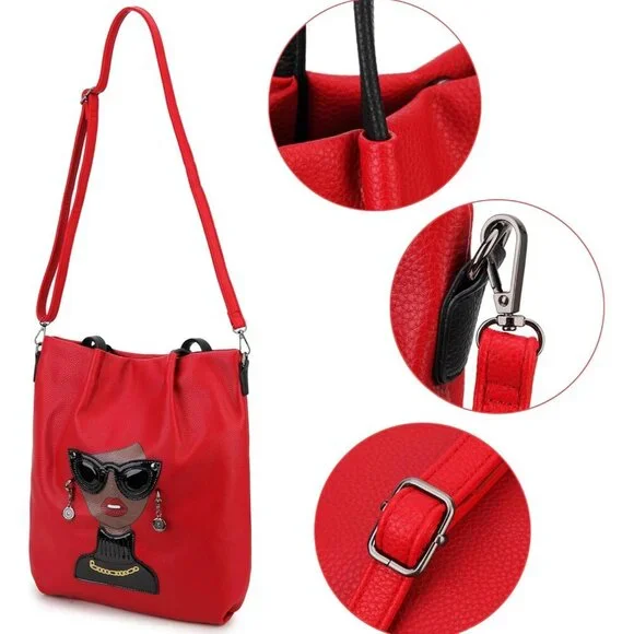 Women Novelty Lady Face Satchel Handbag Fashion Top Handle Tote Bag Red B